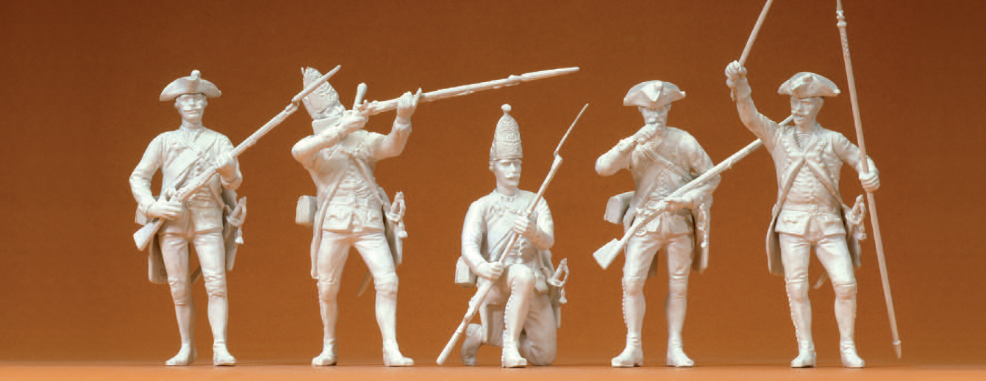 Preußen 1756. Im Feuergefecht. 5 unbemalte Miniaturfiguren. Bausatz