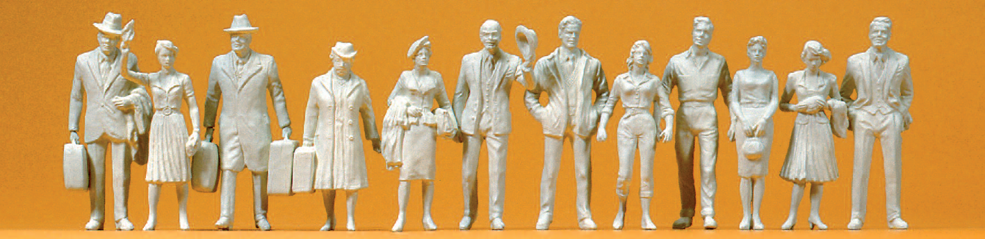 Reisende und Passanten. 12 unbemalte Miniaturfiguren. Bausatz
