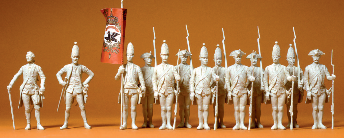 Preußen 1756. Offizier und Mannschaft. 13 unbemalte Miniaturfiguren. Bausatz