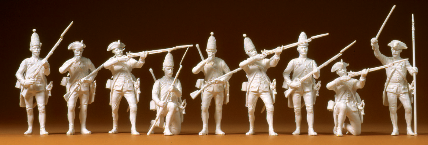 Preußen 1756. Im Feuergefecht. 9 unbemalte Miniaturfiguren. Bausatz