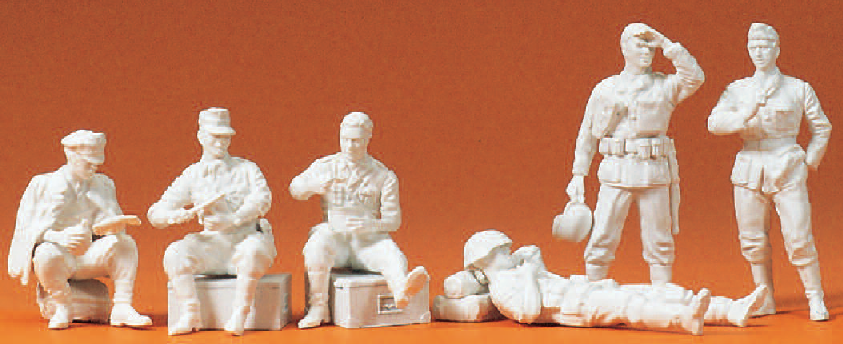 Rastende Infanterie. Deutsches Reich 1939-45. 6 unbemalte Miniaturfiguren. Zubehör. Bausatz