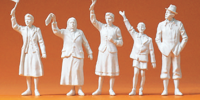 Winkende Zivilisten am Straßenrand. 5 unbemalte Miniaturfiguren. Bausatz
