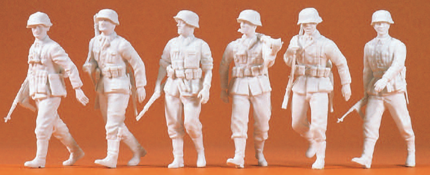Vorgehende Infanterie. Deutsches Reich 1939-45. 6 unbemalte Miniaturfiguren. Zubehör. Bausatz