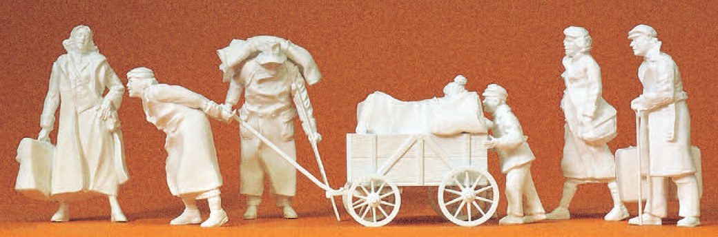 Flüchtlinge. 7 unbemalte Miniaturfiguren. Zubehör. Bausatz