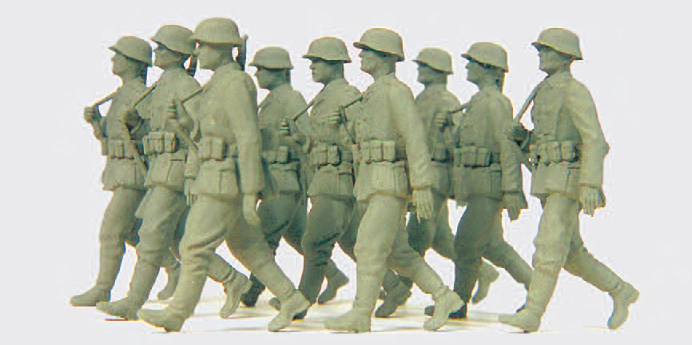 Grenadiere im Gleichschritt. Deutsches Reich 1939-45. 9 unbemalte Miniaturfiguren. Zubehör. Bausatz