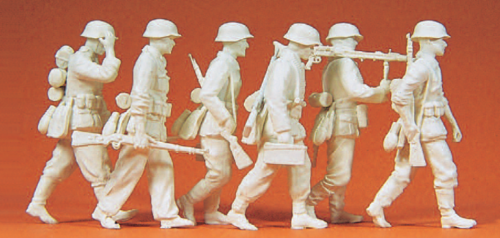 Vorgehende Grenadiere mit MG. Deutsches Reich 1939-45. 6 unbemalte Miniaturfiguren. Zubehör. Bausatz
