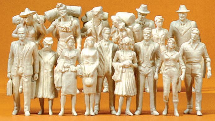 Reisende, Passanten, Tramper. 16 unbemalte Miniaturfiguren. Bausatz