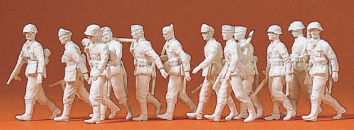 Vorgehende Infanterie. Deutsches Reich 1939-45. 12 unbemalte Miniaturfiguren. Mit Zubehör. Bausatz
