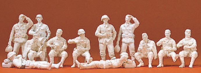 Rastende Infanterie. Deutsches Reich 1939-45. 12 unbemalte Miniaturfiguren. Mit Zubehör. Bausatz