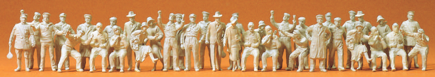 Piloten, Bodenpersonal und Fluggäste. 1925. 36 unbemalte Miniaturfiguren. Bausatz