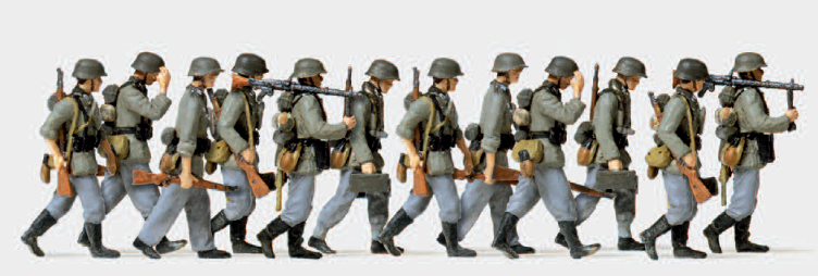 Vorgehende Grenadiere mit MG. Deutsches Reich 1939-45. 12 unbemalte Miniaturfiguren. Zubehör. Bausatz