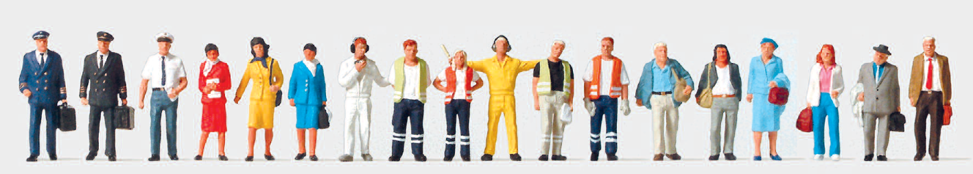 Zivile Piloten, Stewardessen, Flugreisende und Bodenpersonal. 18 unbemalte Miniaturfiguren. Bausatz