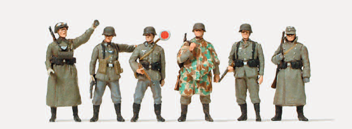 Feldgendarmen. Wachposten. Deutsches Reich 1939-45. 6 unbemalte Miniaturfiguren. Zubehör. Bausatz