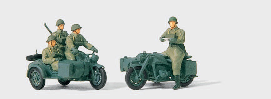 Kradschützen aufgesessen. Motorrad Zündapp KS 750. Deutsches Reich 1939-45. 5 unbemalte Miniaturfiguren. 2 Motorräder mit Beiwagen