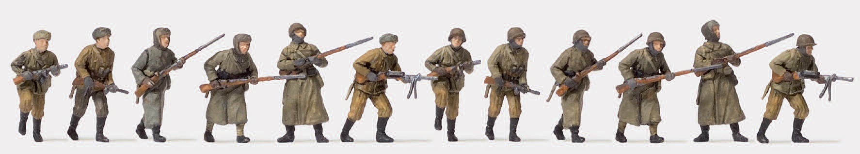 Angreifende Infanterie. Winteruniform. UdSSR 1941-45. 12 unbemalte Miniaturfiguren. Bausatz
