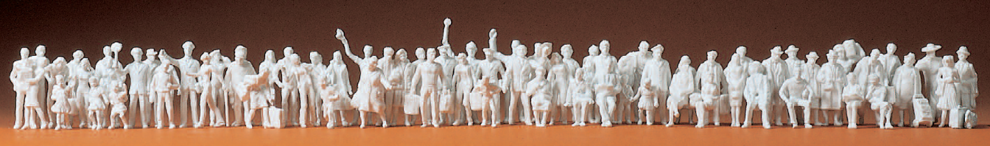 Bahnpersonal, Reisende, Passanten. 72 unbemalte Miniaturfiguren. Bausatz
