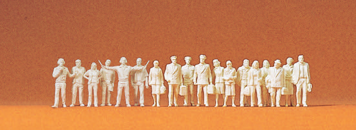 Zivile Piloten, Stewardessen, Flugreisende und Bodenpersonal. 18 unbemalte Miniaturfiguren. Bausatz