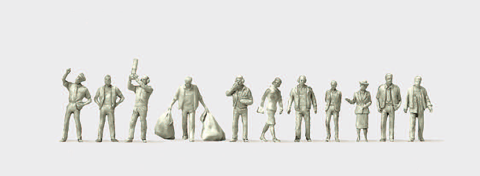 Airline- und Flughafenpersonal. 11 unbemalte Miniaturfiguren. Bausatz