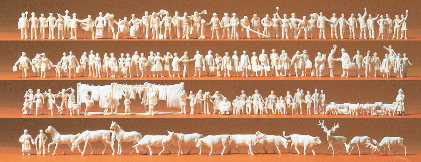 Bahnpersonal, Reisende, Passanten, Arbeiter, Tiere. 120 unbemalte Miniaturfiguren. Bausatz