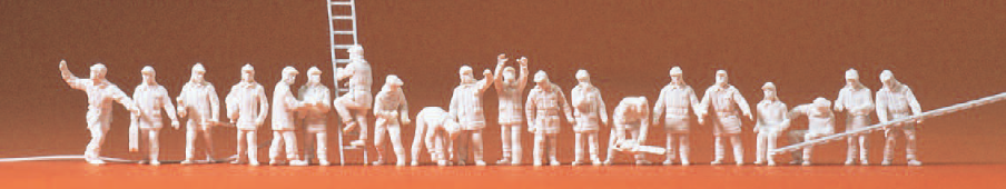 Feuerwehrmänner in moderner Einsatzkleidung. 20 unbemalte Miniaturfiguren. Mit Zubehör. Bausatz