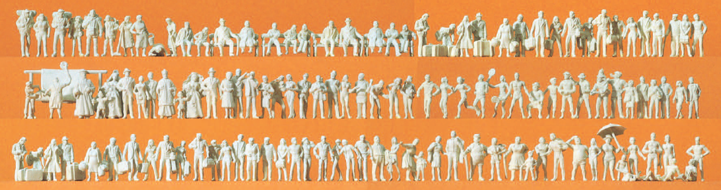 Reisende, Passanten, verschiedene Personengruppen. 125 unbemalte Miniaturfiguren. Bausatz