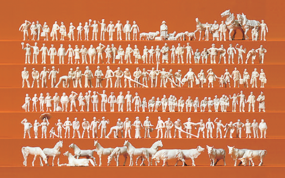 Bahnpersonal, Reisende, Passanten, Arbeiter, Tiere. 160 Miniaturfiguren. Bausatz